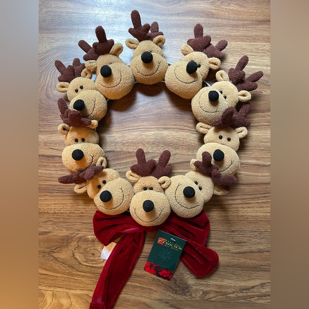 Festive Reindeer Holiday Wreath with Red Bow